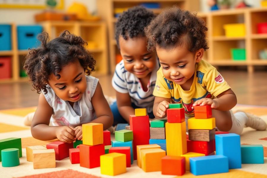 Preschool children playing with colourful wooden blocks at Karibel International School