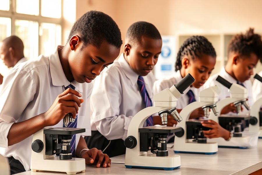 Junior high students using microscopes in the Karibel science laboratory